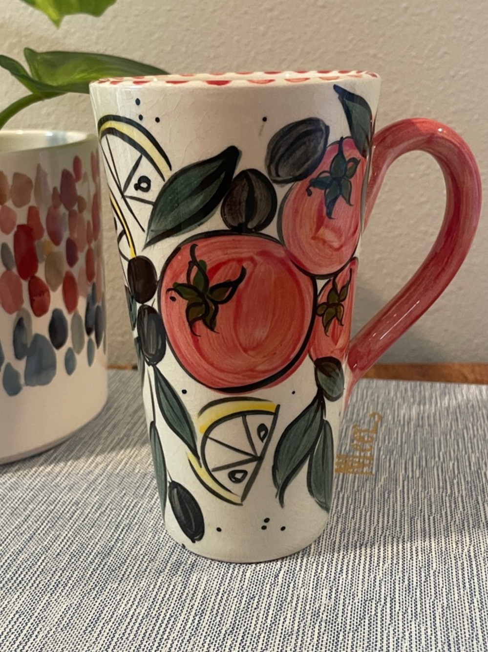Hand-Painted Mediterranean-Style Ceramic Latte Mug –Tomato Lemon Olives – 6"